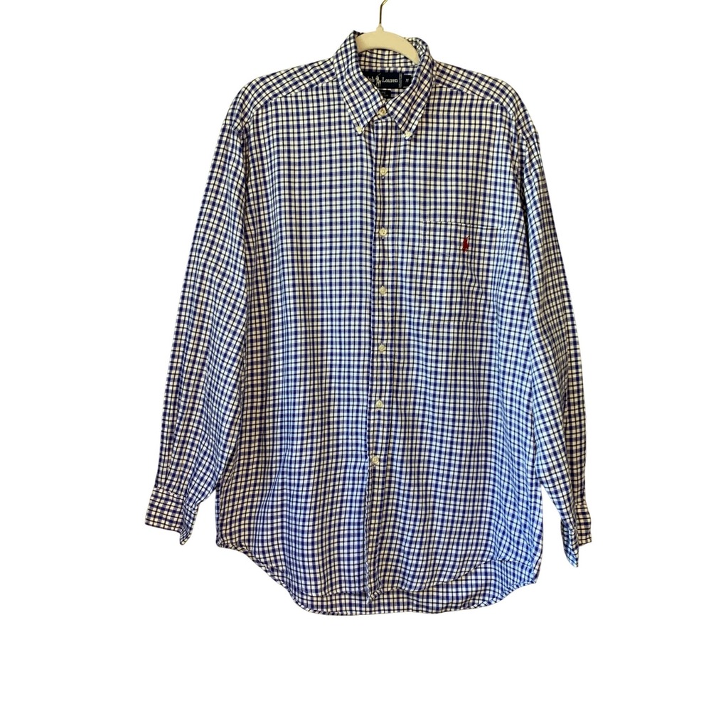 Ralph Lauren Mens Blue White Gingham Check Button Down Shirt Size M